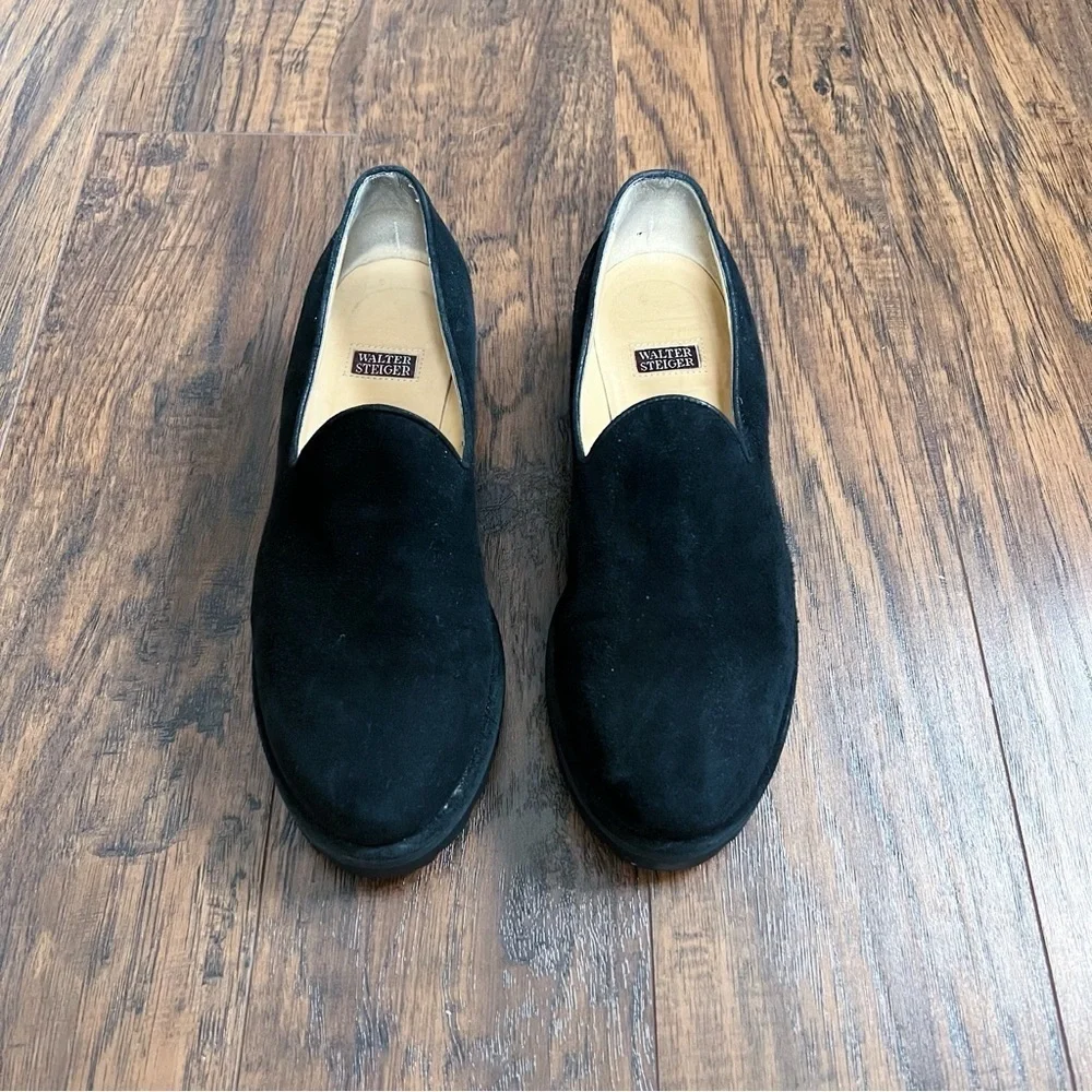 Walter Steiger • vintage Y2K chunky loafer platform slip on black suede lug sole